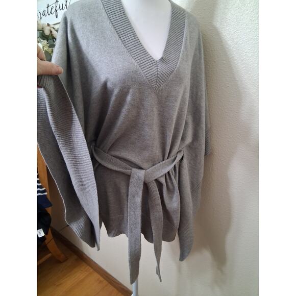 Michael Kors Angora Blend Heather Grey V-Neck Belted Sweater Poncho Caftan SM M - Picture 1 of 16